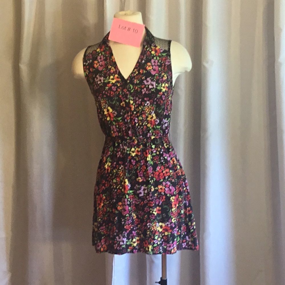 Multi colored flowered dress with see thru black lace insert in top back Medium